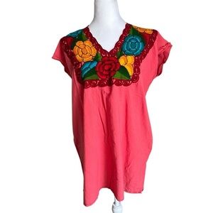 Women's Embroidered Multicolored Salmon Blouse Size L/XL